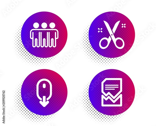 Scissors  Scroll down and Friendship icons simple set. Halftone dots button. Corrupted file sign. Cutting tool  Mouse swipe  Trust friends. Damaged document. Business set. Vector
