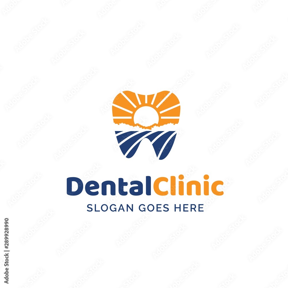 Dental clinic dentistry logo design with blue yellow teeth and sunrise illustration