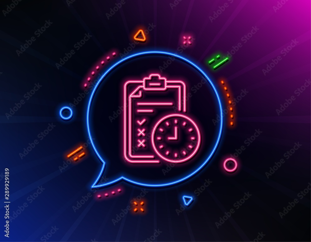 Exam time line icon. Neon laser lights. Checklist sign. Glow laser speech bubble. Neon lights chat bubble. Banner badge with exam time icon. Vector