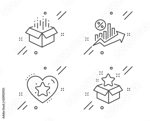 Ranking star, Open box and Loan percent line icons set. Loyalty program sign. Love rank, Delivery package, Growth chart. Bonus star. Technology set. Line ranking star outline icon. Vector