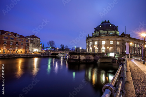 Night photo of the Spree river and the Museum Island with the Bode Museum