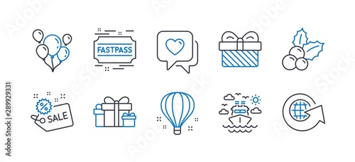 Set of Holidays icons, such as Ship travel, Sale, Air balloon, Christmas holly, Fastpass, Balloons, Heart, Gift, Holiday presents, World globe line icons. Cruise transport, Shopping tag. Vector photo