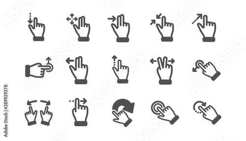 Touchscreen gesture icons. Hand swipe, Slide gesture, Multitasking icons. Touchscreen technology, tap on screen, drag and drop. Classic set. Quality set. Vector