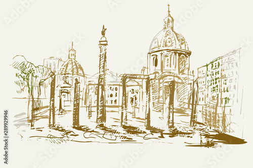 Rysynek ręcznie rysowany. Widok na starożytne ruiny w Rzymie