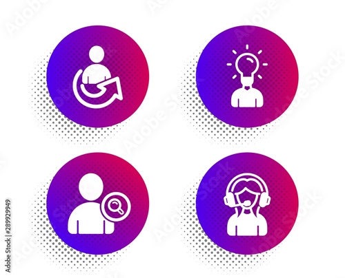 Find user, Share and Education icons simple set. Halftone dots button. Support sign. Search person, Referral person, Human idea. Call center. People set. Classic flat find user icon. Vector