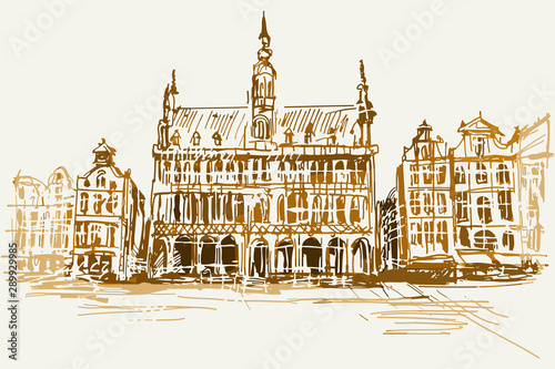 Rysynek ręcznie rysowany. Widok na rausz w Amsterdamie w historycznej dzielnicy miasta.