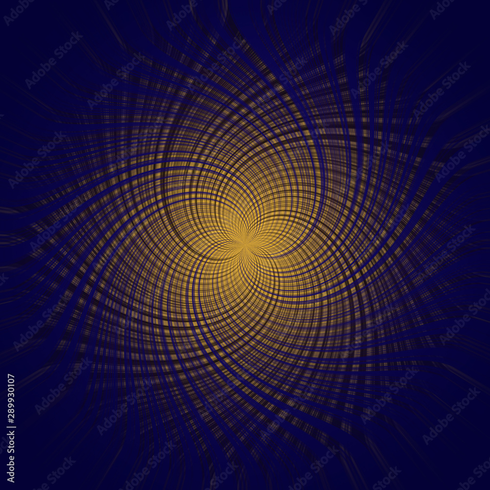 Psychedelic pattern of blue and brown lines on a background of golden fire. Curved lines form the petals emanating from the center. Surface with distortion effect. Psychedelic pattern of blue and brown lines on a background of golden fire. Curved lines form the petals emanating from the center. Surface with distortion effect.