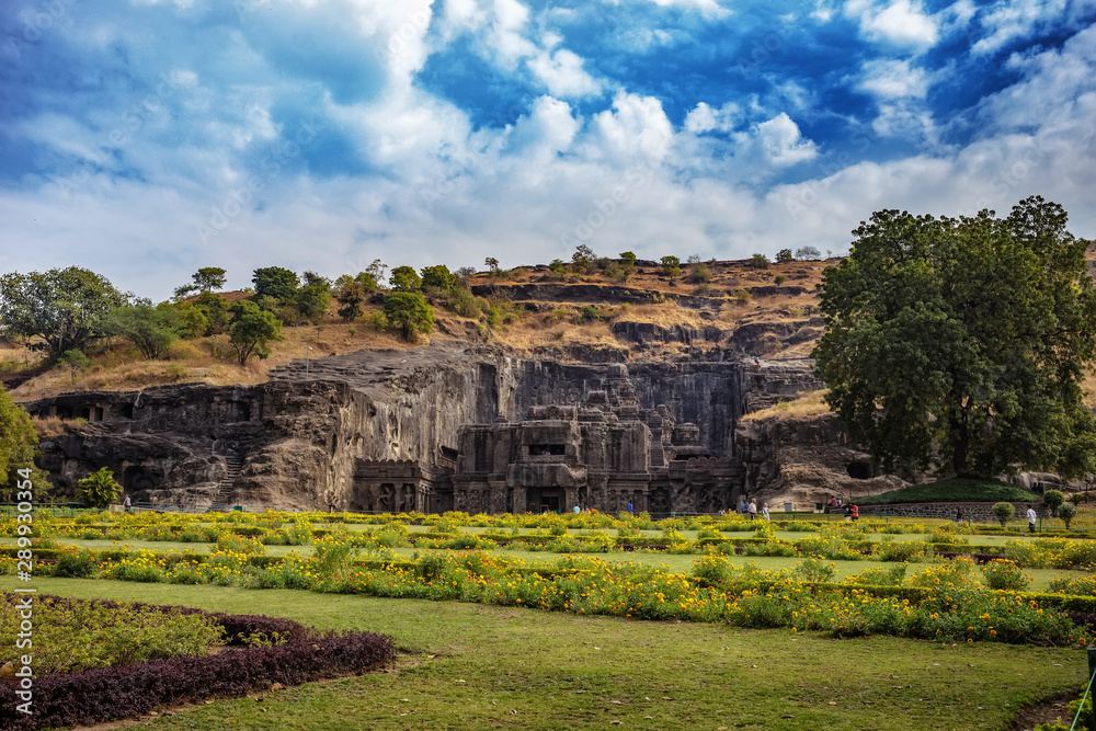 Kailash Temple in Ellora. General view of the temple from the entrance