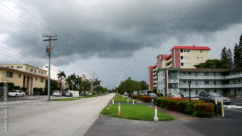 Big Rain Storm with Gray Clouds Approaching Condominiums in a Summer Morning in Pompano Beach, Florida