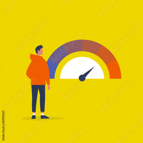 Young male character looking at the speedometer
