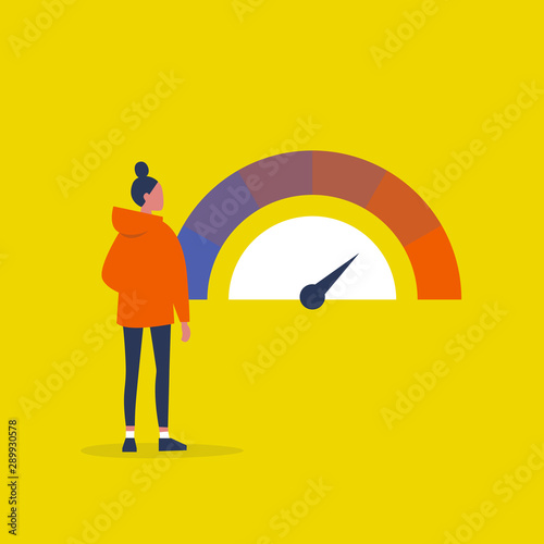 Dashboard. Speed limit. Young brunette  character looking at the speedometer. Controlling the process. Business concept. Decision making. Flat editable vector illustration, clip art
