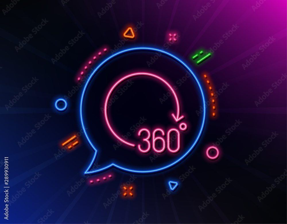 360 degrees line icon. Neon laser lights. VR simulation sign. Panoramic view symbol. Glow laser speech bubble. Neon lights chat bubble. Banner badge with 360 degrees icon. Vector