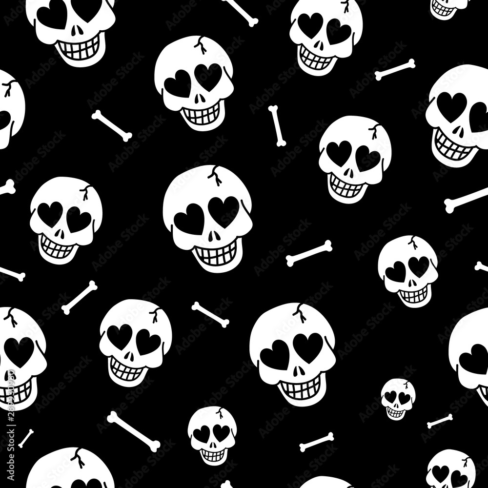 Seamless background with hearts and skulls. Skull love heart pattern. Deadly amur background. Vector texture Seamless background with hearts and skulls. Skull love heart pattern. Deadly amur background. Vector texture