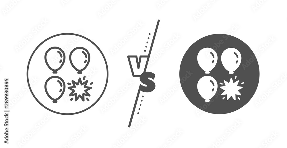 Amusement park sign. Versus concept. Balloon dart line icon. Pop the balloon symbol. Line vs classic balloon dart icon. Vector