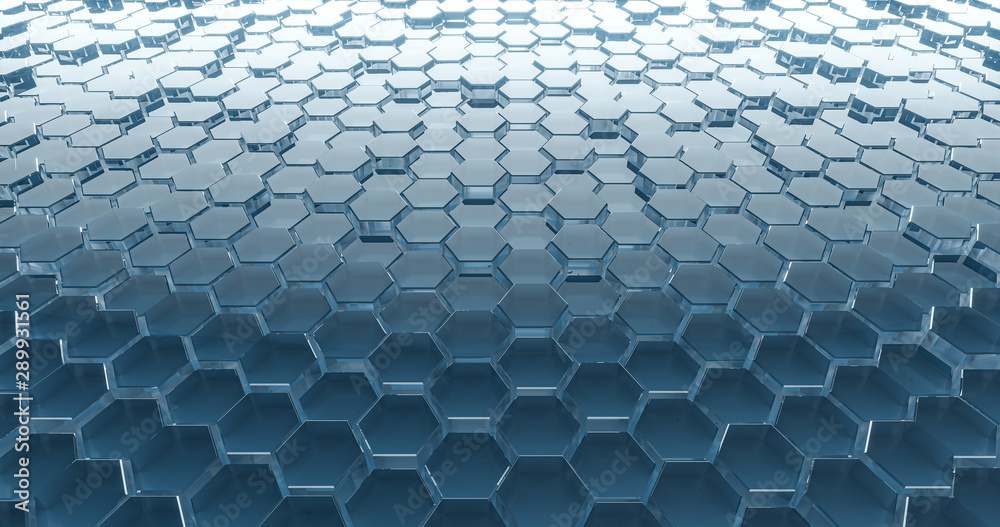Abstract blue glass hexagons background. 3D render