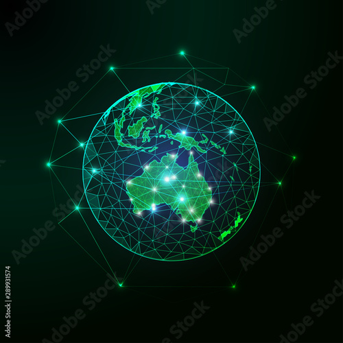 Futuristic green Australia map continent on planet Earth view from space abstract background.