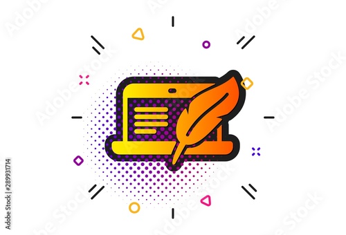 Ð¡opyright feather sign. Halftone circles pattern. Copywriting notebook icon. Media content symbol. Classic flat copyright laptop icon. Vector