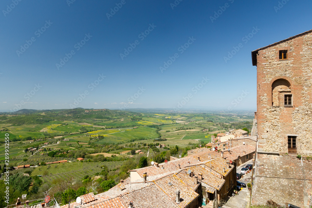 Overlooking the fields of Tusany, Italy, from the hilltop town of Pienza, near Sienna