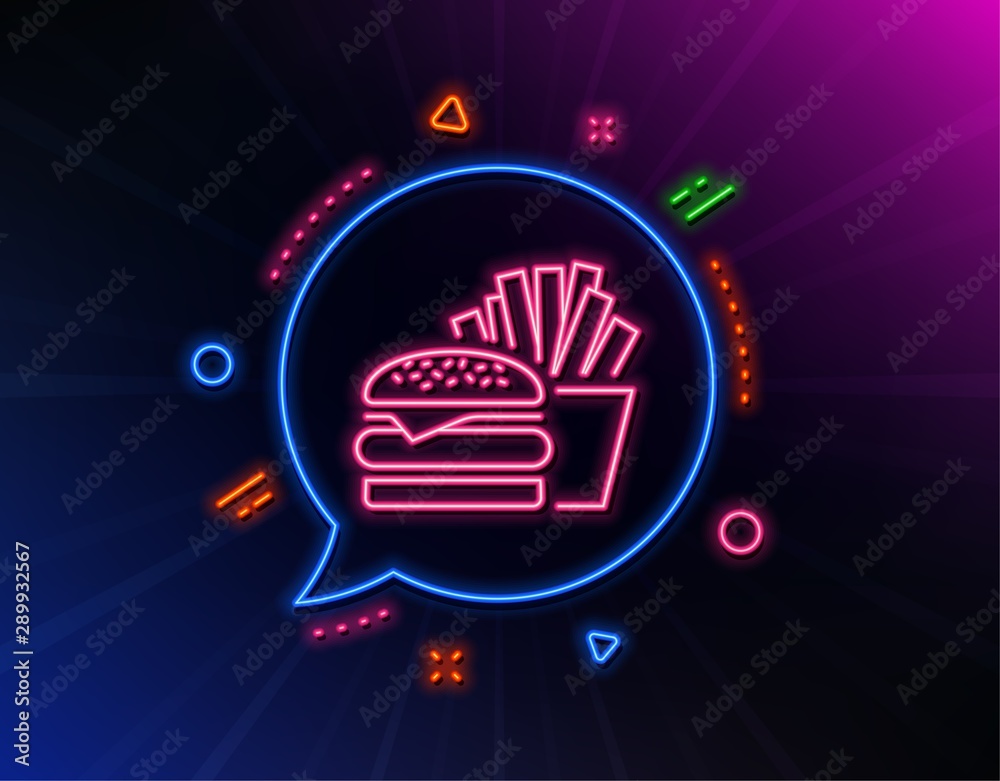 Burger with fries line icon. Neon laser lights. Fast food restaurant sign. Hamburger or cheeseburger symbol. Glow laser speech bubble. Neon lights chat bubble. Banner badge with burger icon. Vector
