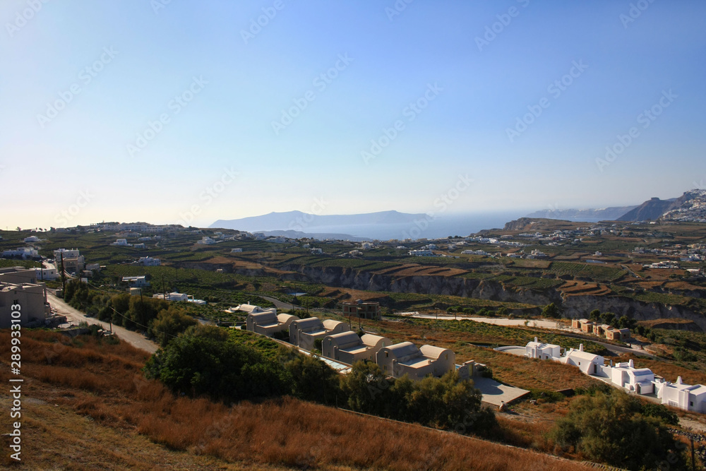 Panorama of Santorini stretching from the town of Pyrgos