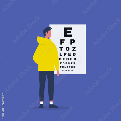 Young male character looking at the eye test chart. Health care. Patient in a clinic. Oculist appointment. Ophthalmology. Flat editable vector illustration, clip art