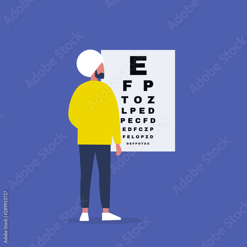 Young indian male character looking at the eye test chart