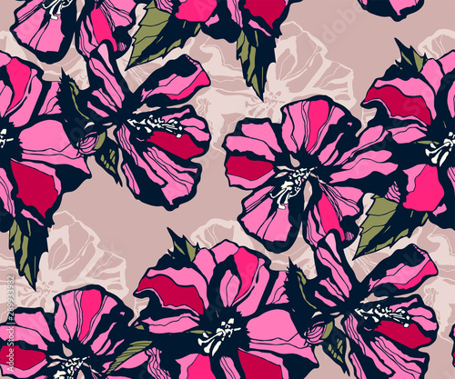 Seamless floral pattern with hibiscus and ornamental hand drawing decorative background. Ethnic seamless pattern ornament. Vector pattern. Print for textile, cloth, wallpaper, scrapbooking