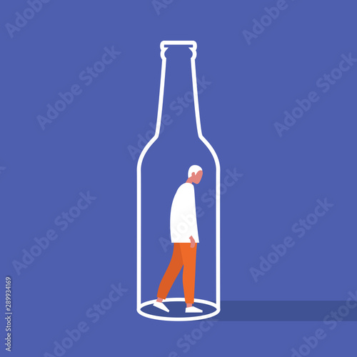 Young male character trapped inside a bottle