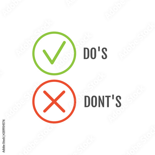 Dos and dont good and bad icon check. Negative positive list, true wrong like anf fail logo