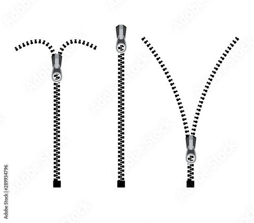 Open zipper teeth metal fastener isolated illustration. Unzip sewing black lock plastic zip buckle