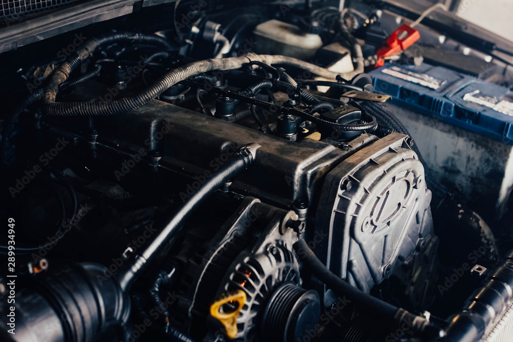 car repair, SUV engine in the garage. car repair, SUV engine in the garage.