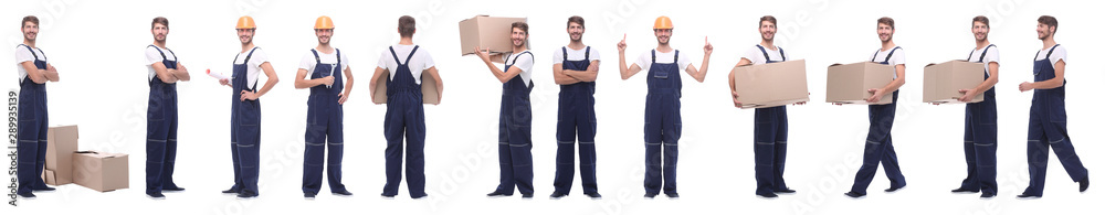 panoramic collage of male handyman isolated on white panoramic collage of male handyman isolated on white