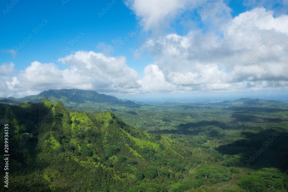 Kauai island landscape green hills and clouds 