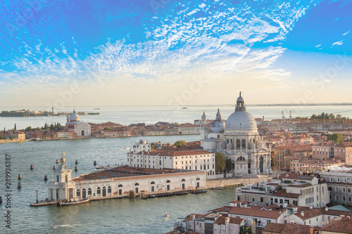 Beautiful views of Santa Maria della Salute and the Venetian lagoon in Venice, Italy © marinadatsenko