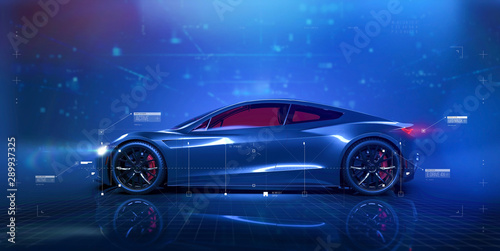 Futuristic car technology concept scene with user interface showing vehicle features (3d Illustration) © Open Studio