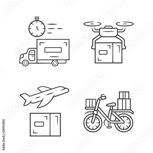 Delivery linear icons set. Thin line contour symbols. Shipping service. Drone, plane, bicycle delivery. Logistics and distribution. Postal service. Isolated vector illustrations. Editable stroke