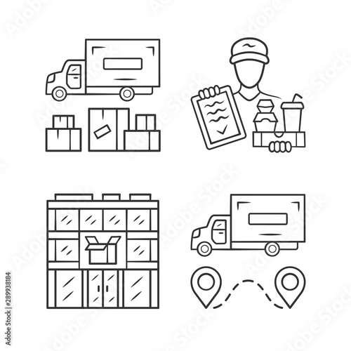 Delivery linear icons set. Heavy goods shipping, food delivery courier, post office. Cargo transportation truck. Shipment. Thin line contour symbols. Isolated vector illustrations. Editable stroke