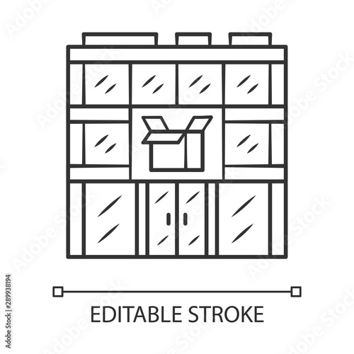 Post office building linear icon. Thin line illustration. Postal warehouse facilities. Delivery office. Order shipping. Shipment service. Parcel storage. Vector isolated drawing. Editable stroke