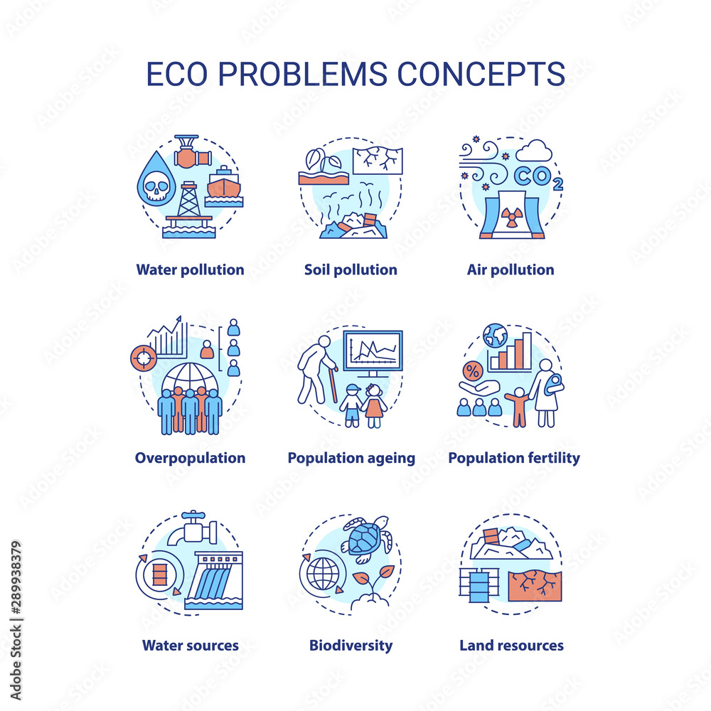 Eco problems concept icons set. Ecological disaster idea thin line illustrations. Pollution of water, soil & air. Overpopulation and biodiversity. Vector isolated outline drawings. Editable stroke Eco problems concept icons set. Ecological disaster idea thin line illustrations. Pollution of water, soil & air. Overpopulation and biodiversity. Vector isolated outline drawings. Editable stroke