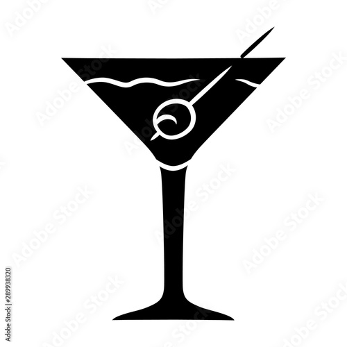 Martini glyph icon. Footed glass with drink and olive. Cocktail with gin and vermouth. Alcoholic beverage. Tumbler with mixed drink. Silhouette symbol. Negative space. Vector isolated illustration