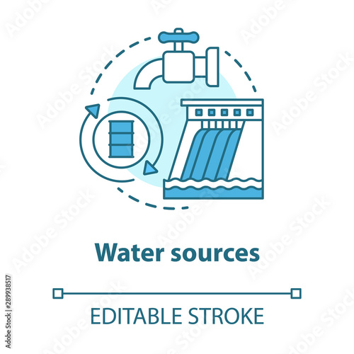 Water sources concept icon. Drinking water supplies idea thin line illustration. Reasonable usage and management of aqua resources. Vector isolated outline drawing. Editable stroke