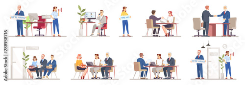 Naklejka HR agency flat vector illustrations set. Staff search, recruitment. Resume review, interviewing candidates. Help people find work. Employers, recruiters, job seekers isolated cartoon characters