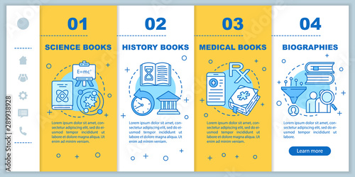 Books catalogue onboarding mobile web pages vector template. Book genres. Responsive smartphone website interface idea with linear illustrations. Webpage walkthrough step screens. Color concept