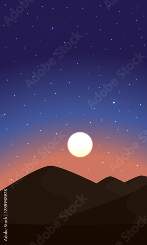 Night colorful desert. Stars and moon on desert.