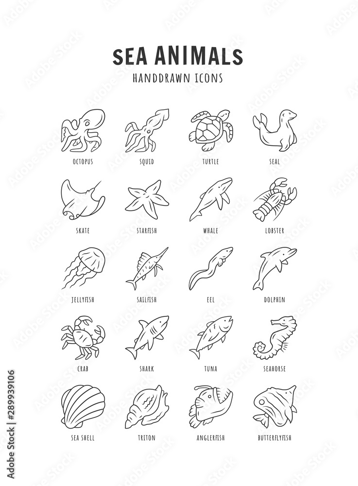 Sea animals linear icons set. Turtle, jellyfish, lobster, butterflyfish. Underwater wildlife. Ocean inhabitants. Thin line contour symbols. Isolated vector outline illustrations. Editable stroke