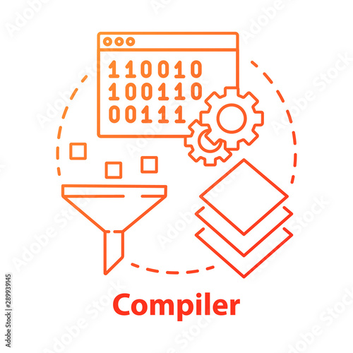 Compiler concept icon. Software development. Machine language. Programming. Data filtering. Computer code translation idea thin line illustration. Vector isolated outline drawing