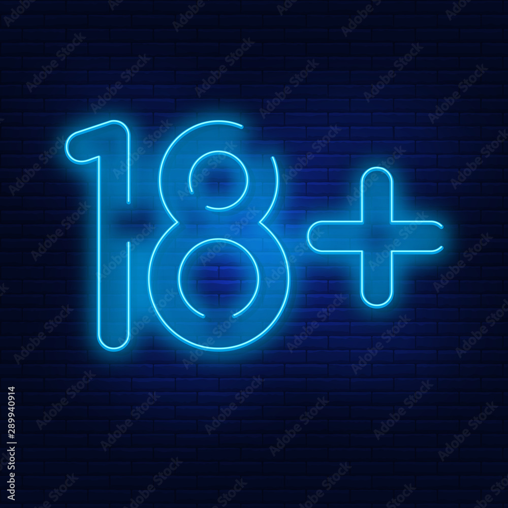 Neon lights 18+. A vivid illustration of adulthood. Modern vector logo, banner, shield, figure 18+. Night advertising on the background of a brick wall. Neon lights 18+. A vivid illustration of adulthood. Modern vector logo, banner, shield, figure 18+. Night advertising on the background of a brick wall.