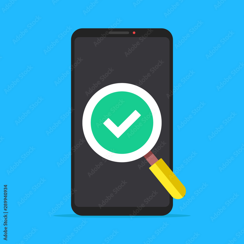 Mobile phone with magnifying glass and check mark icon. Smartphone and magnifier with green checkmark. Maintenance, quality control, test, repair concepts. Flat design. Vector illustration Mobile phone with magnifying glass and check mark icon. Smartphone and magnifier with green checkmark. Maintenance, quality control, test, repair concepts. Flat design. Vector illustration