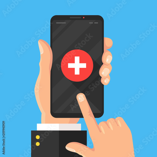 Emergency phone call, ambulance, SOS button on mobile phone screen. Hand holding smartphone with medical cross icon. Modern concept. Flat design. Vector illustration