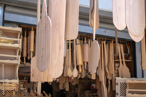 Shop producing wooden materials. Wooden products are on the shelf. © Caner
